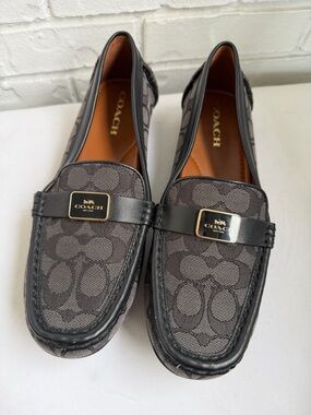 Coach Women's Charcoal Signature Canvas Penny Loafers with Gold Plaque